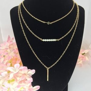 Gold Triple Layer Necklace, Disc Bar, Pearls    J5